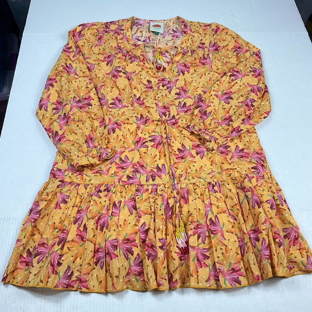 Farm Rio Babydoll Mini Dress Floral Ruffled Boho Flowy Pullover 3/4 Sleeve Small